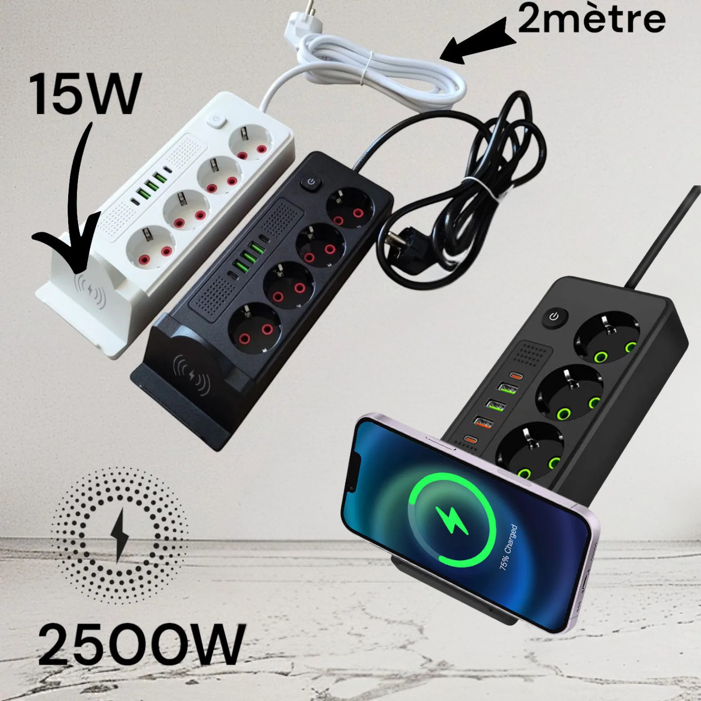Multiprise 4 SOCKET 2500W avec USB, Type-C et chargement sans fil – مقبس طاقة وشاحن لاسلكي